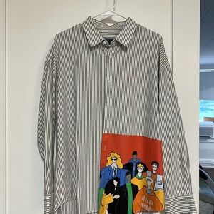 Relaxed Striped Button-Down Shirt with Orange Graphic Panel